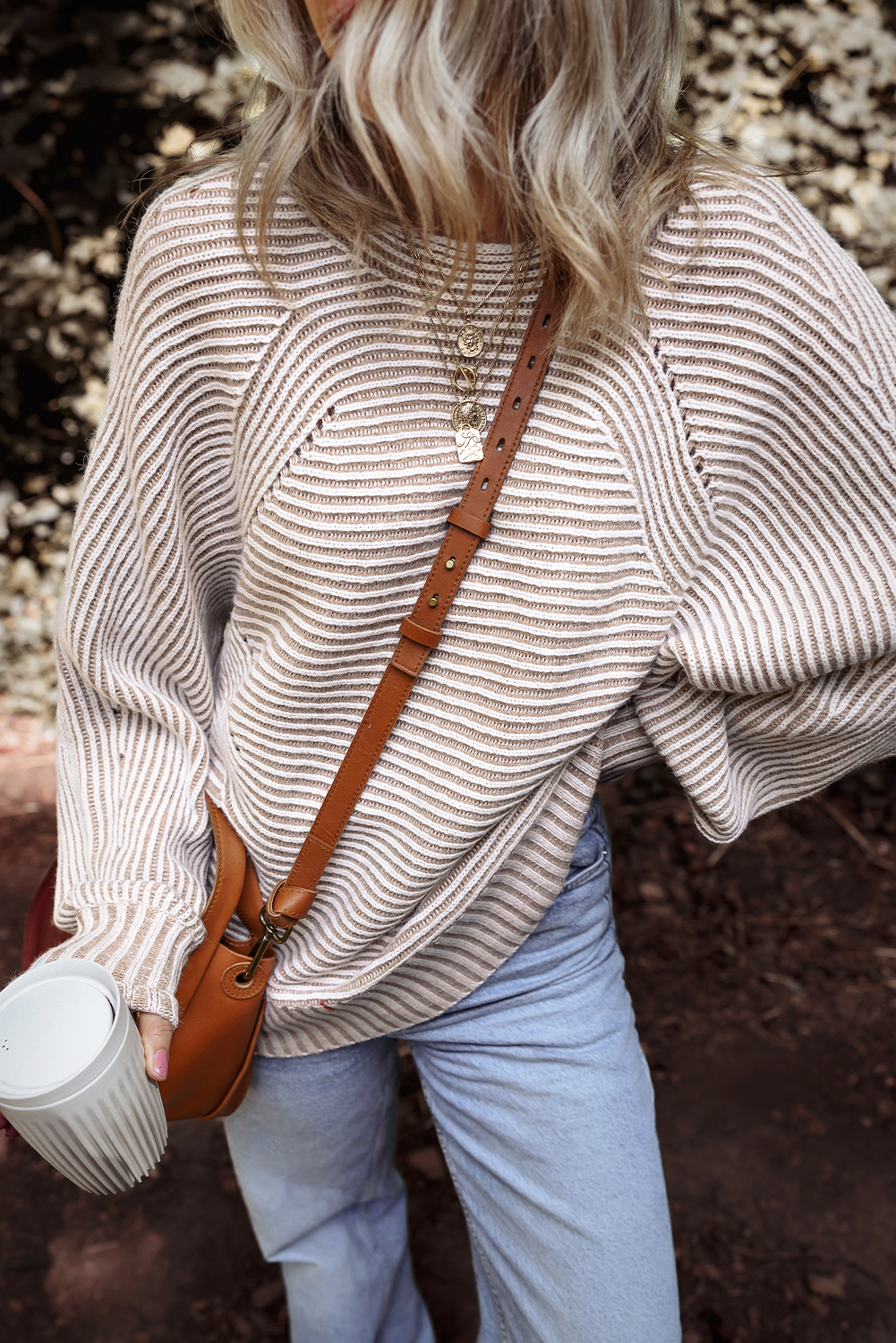 Coffee Striped Print Ribbed Knit Boat Neck Baggy Sweater