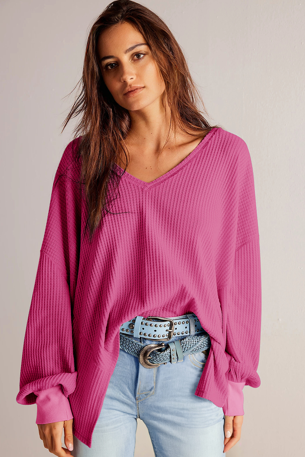 Light Pink Waffle V Neck Long Sleeve Drop Shoulder Loose Blouse