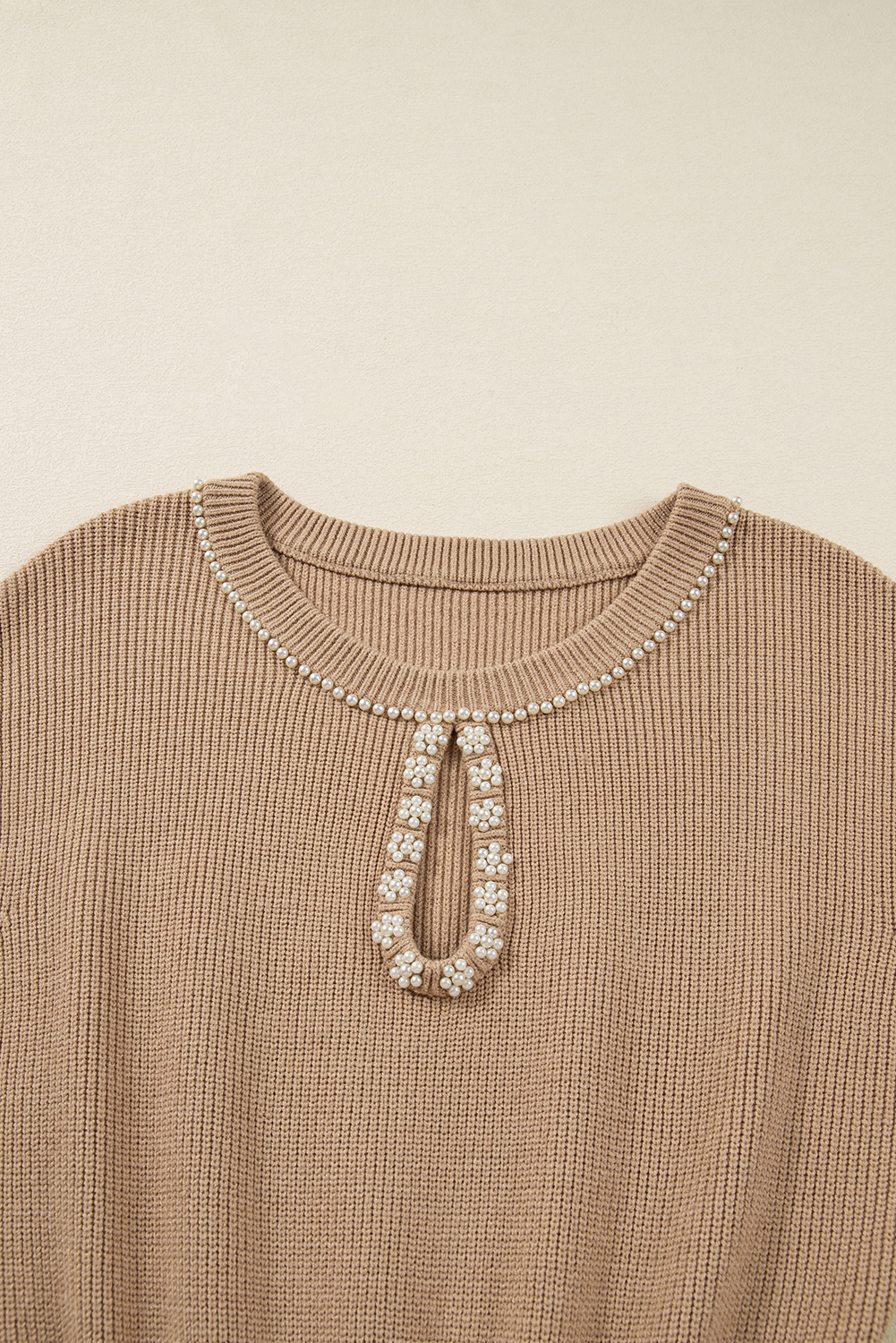 Smoke Gray Pearl Embellished Keyhole Ribbed Sweater Dress