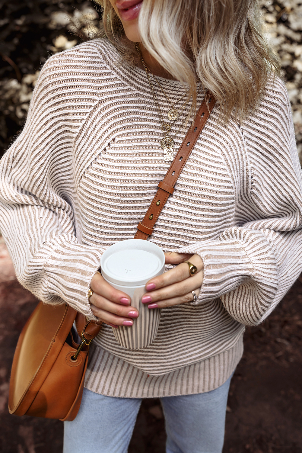 Coffee Striped Print Ribbed Knit Boat Neck Baggy Sweater