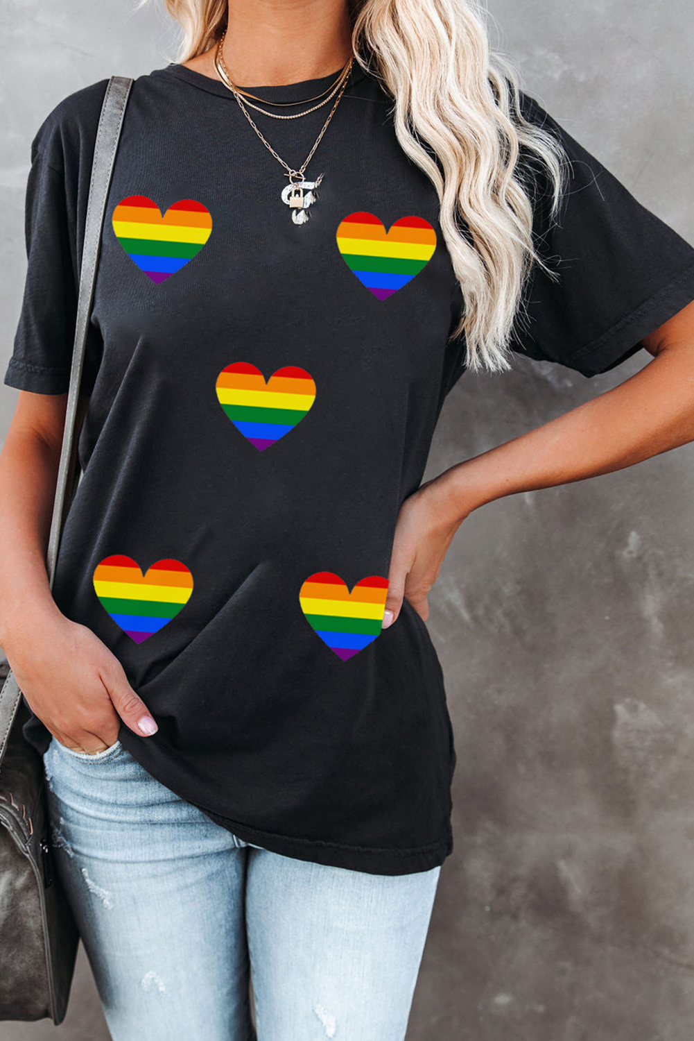 Black Heart Print Crew Neck Chic T Shirt