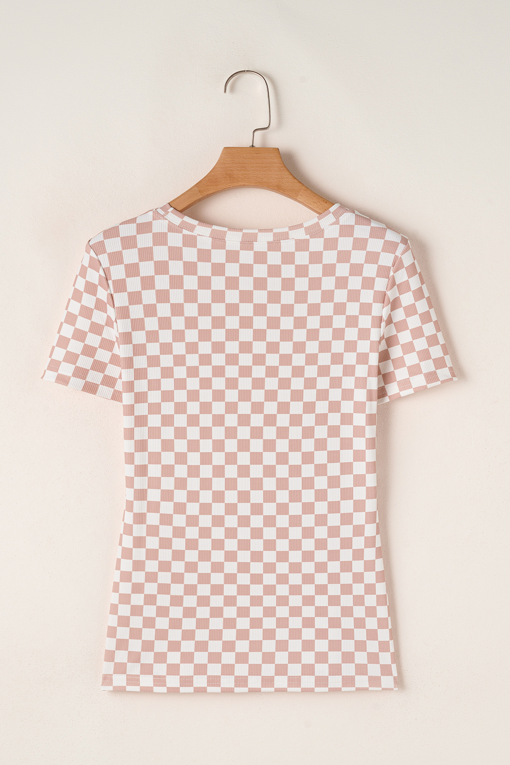 Pink Checkered Ribbed Slim Fit Crew Neck T Shirt