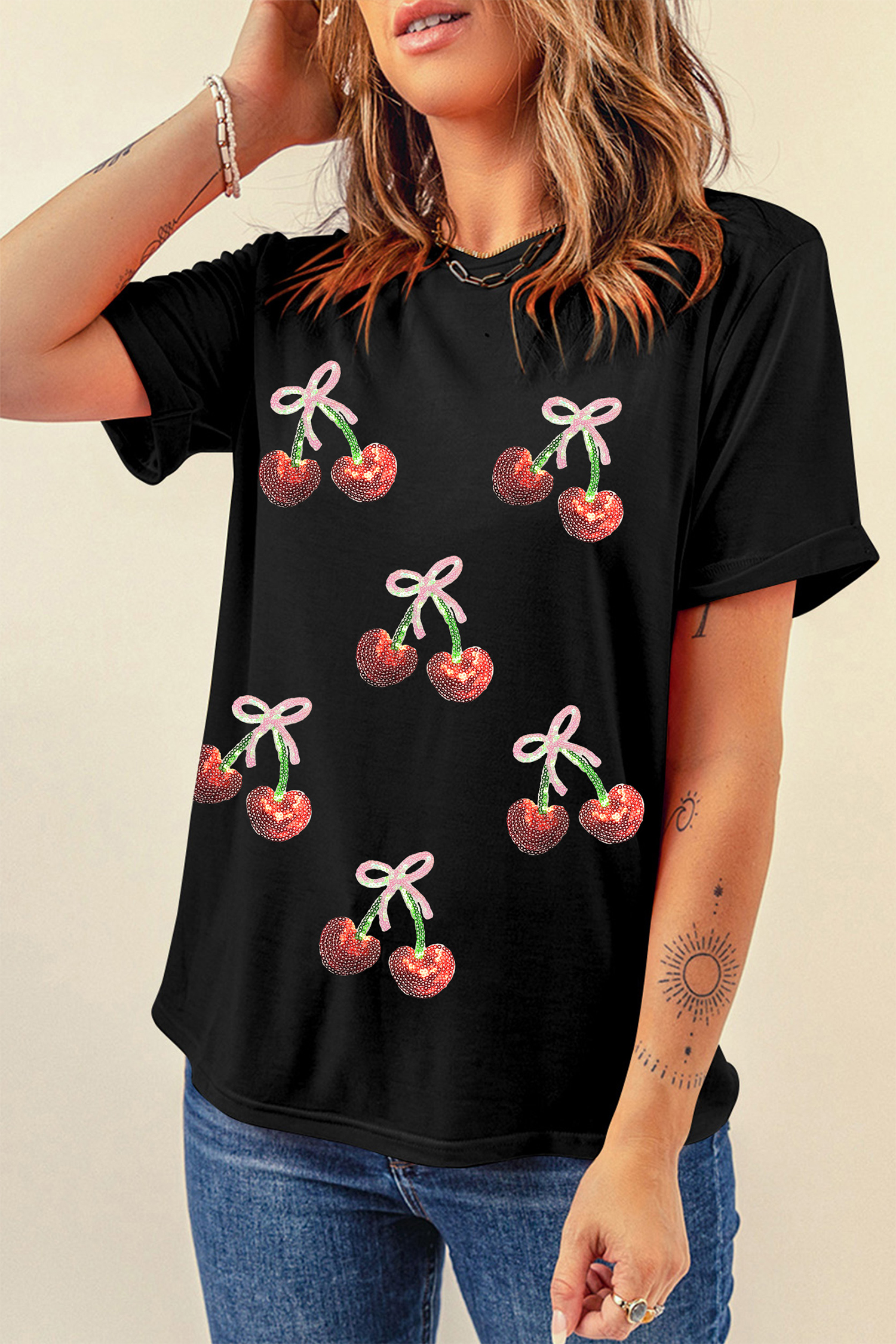 Black Sequin Bow Cheery Patched Valentines Graphic Tee
