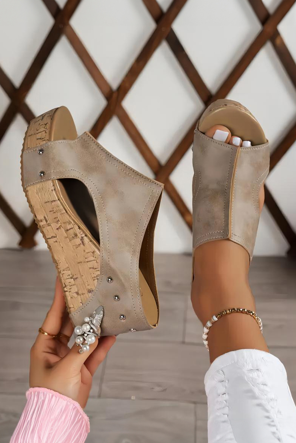 Chestnut Hollow Out Studded PU Leather Wedge Slippers