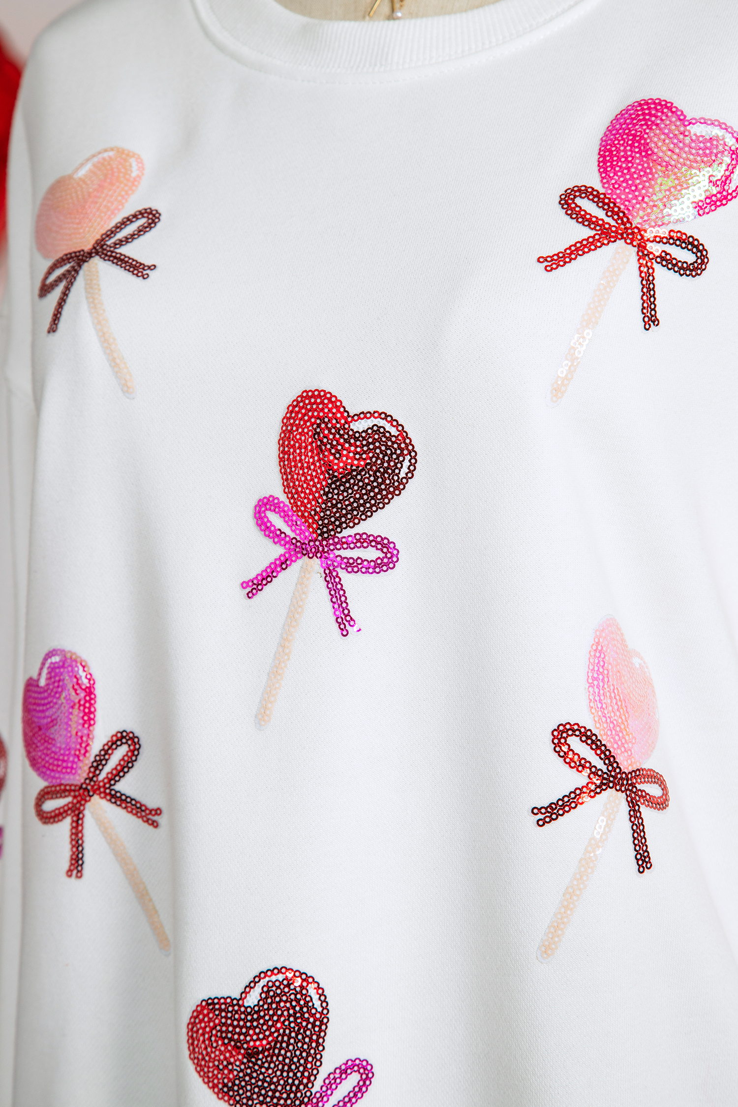 White Sequin Bow Heart Shape Lolly Valentines Day Graphic Sweatshirt