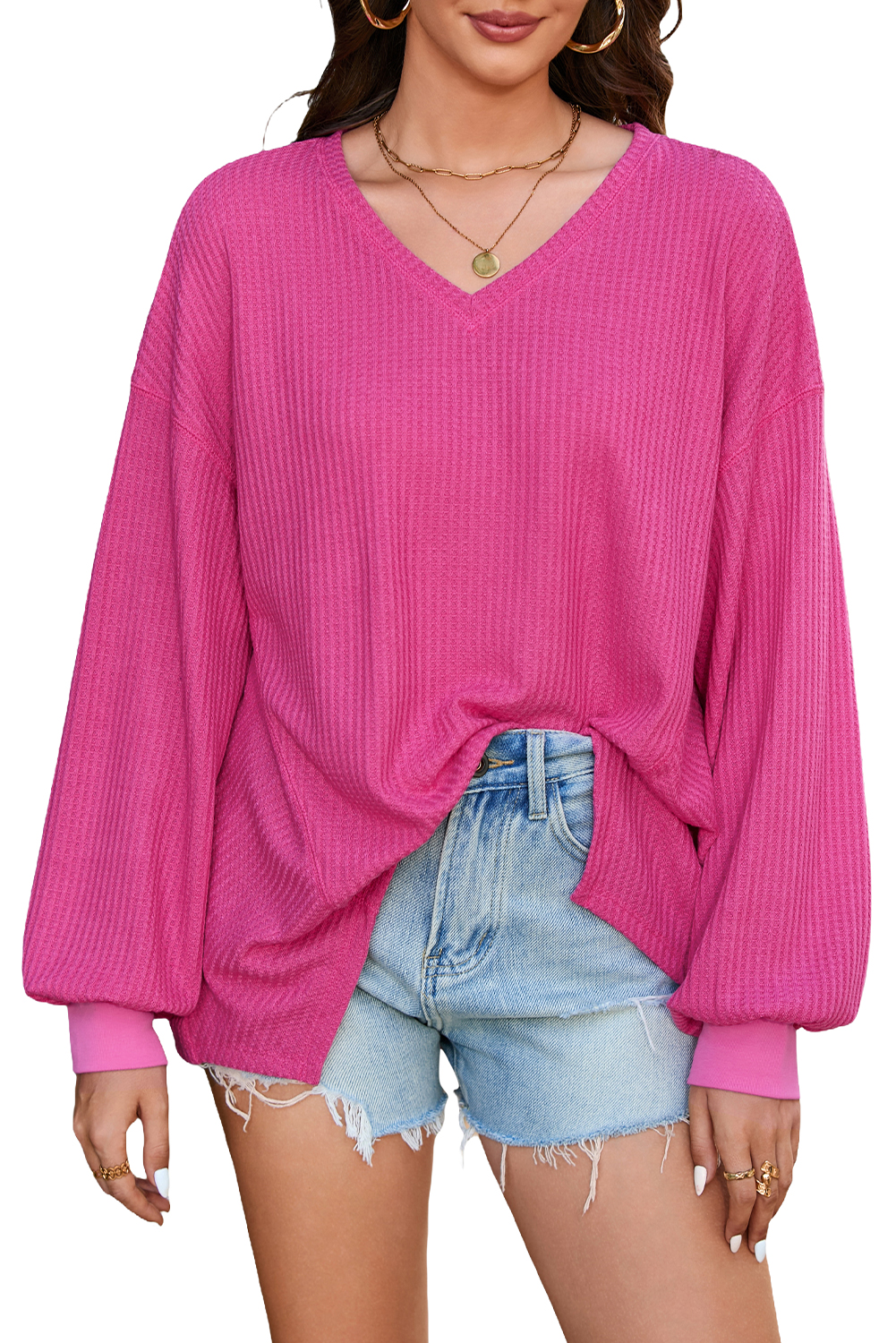 Light Pink Waffle V Neck Long Sleeve Drop Shoulder Loose Blouse
