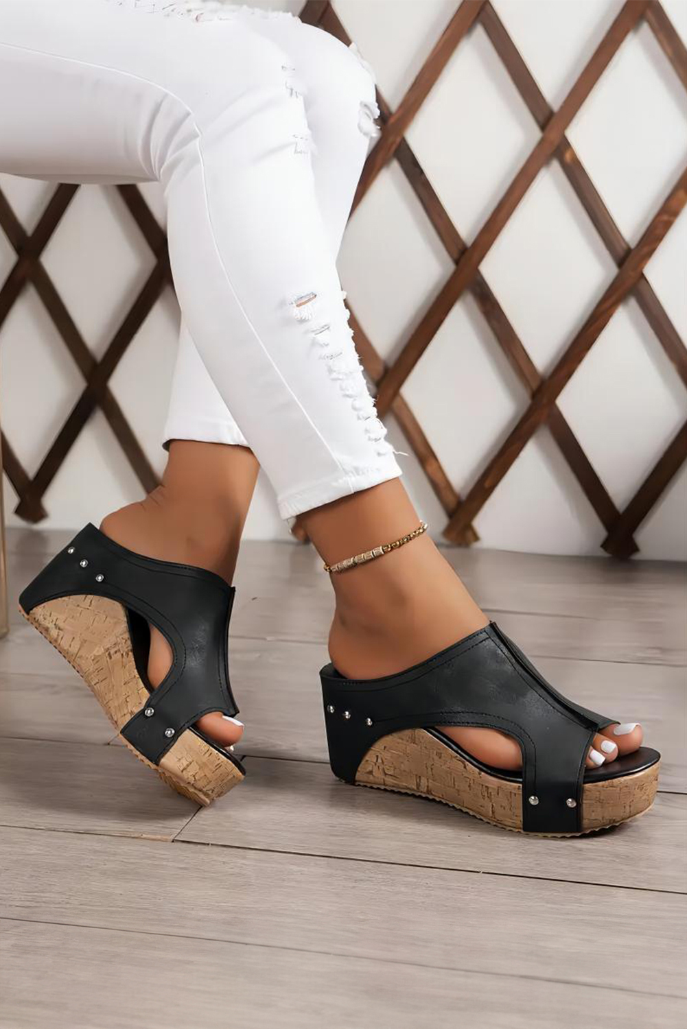 Chestnut Hollow Out Studded PU Leather Wedge Slippers