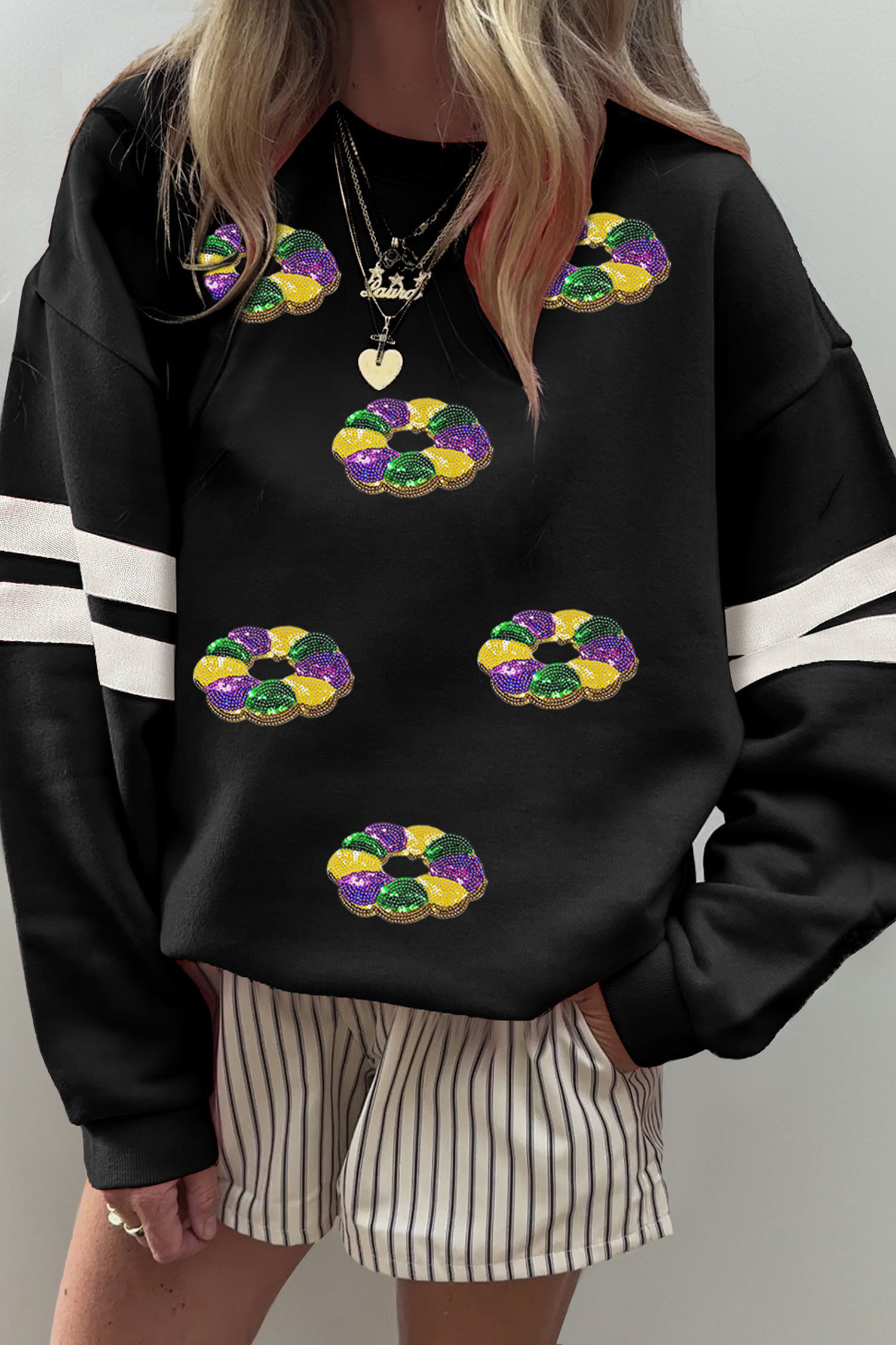 Black Sequin Mardi Crown Dropped Shoulder Varsity Sweatshirt