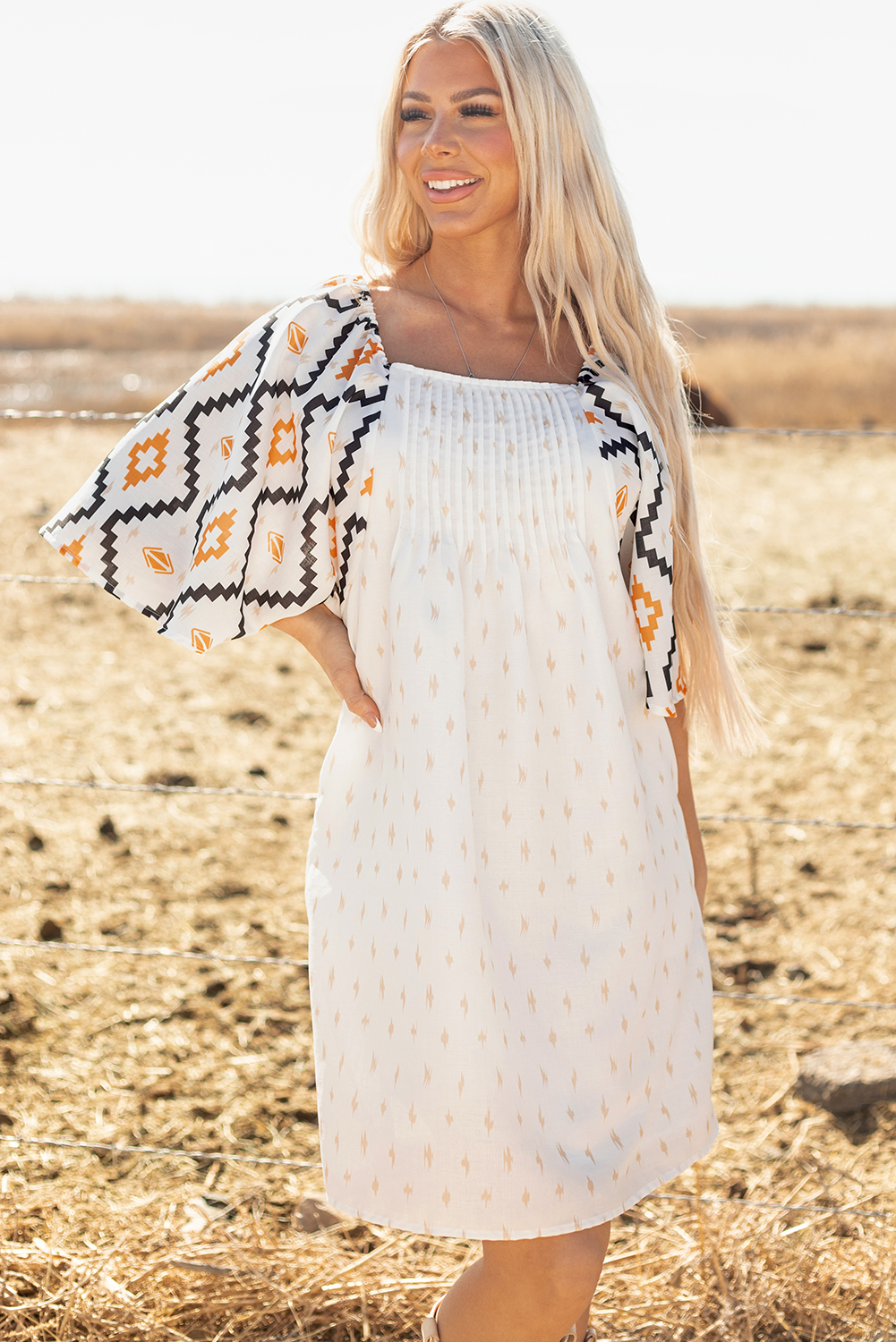 Beige Western Aztec Print Pleated Square Neck Loose Mini Dress