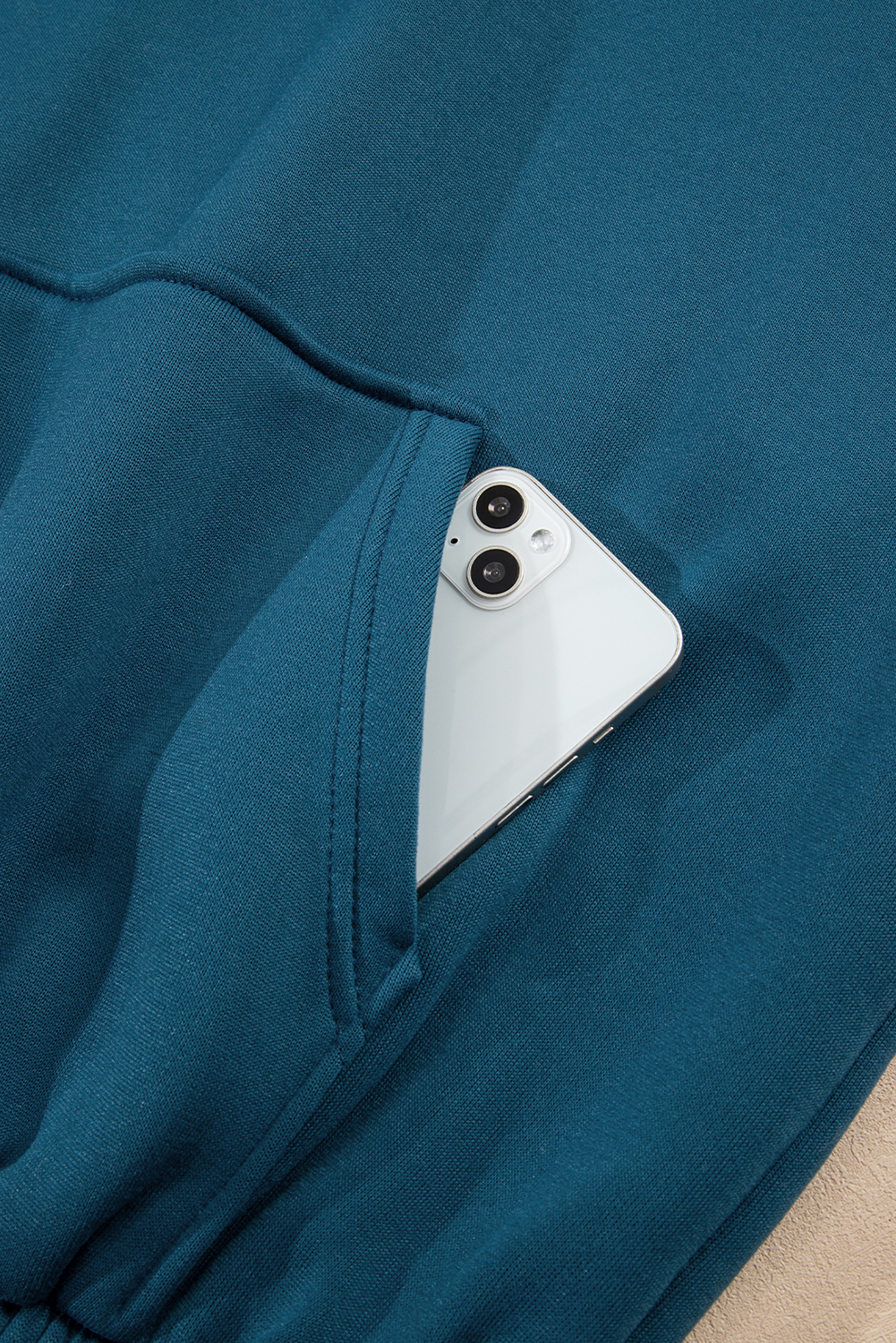 Peacock Blue Cozy Hooded Sweatshirt Drawstring Elastic Waistband Cargo Pant Set