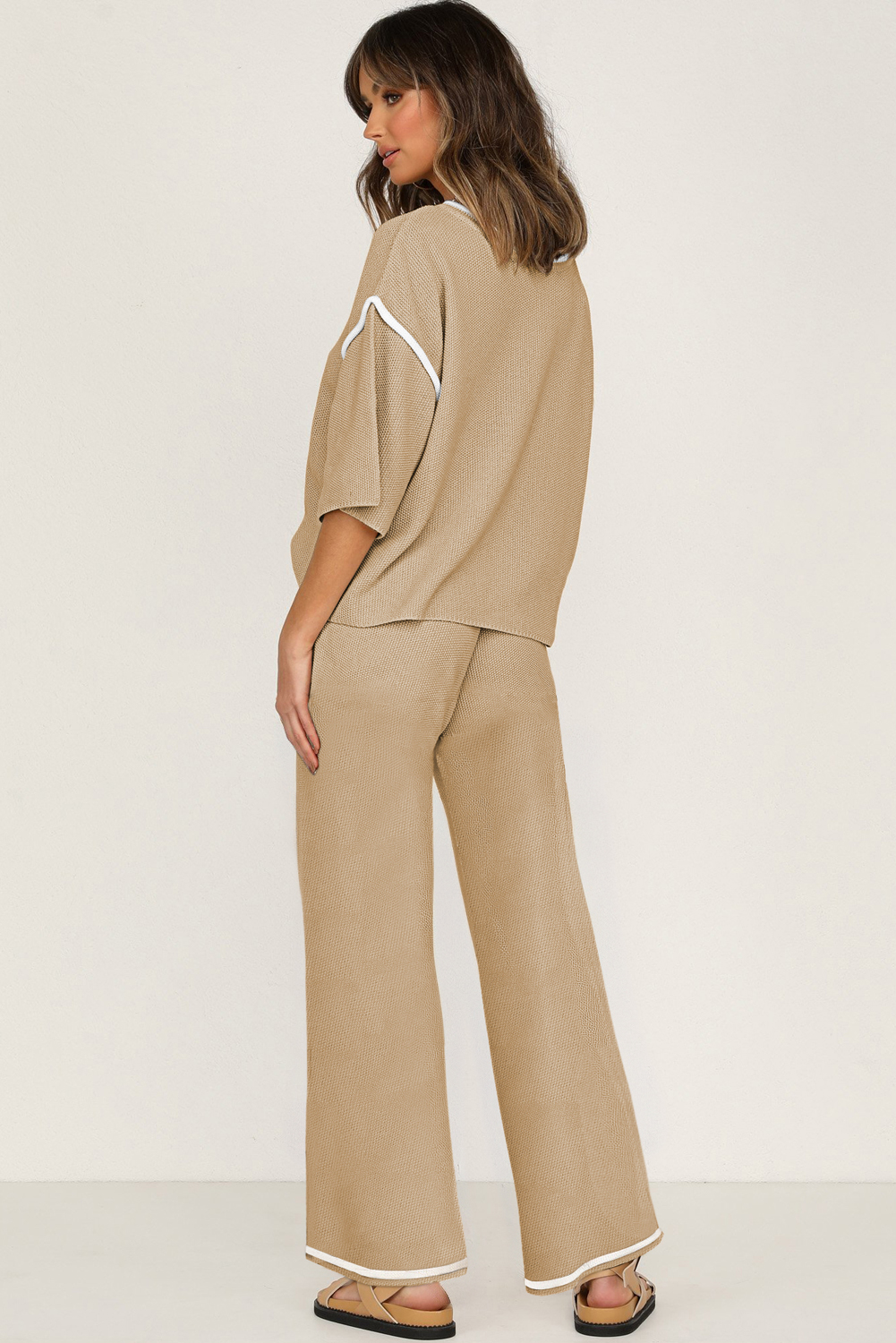Blackish Green Contrast Trim Half Sleeve Top Drawstring Pants Loose 2pcs Sweater Suit