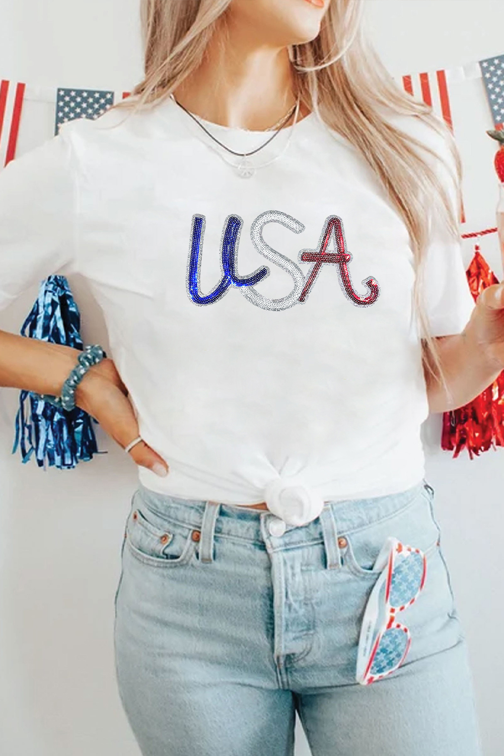White Sequin USA Graphic Crew Neck Patriotic Tee