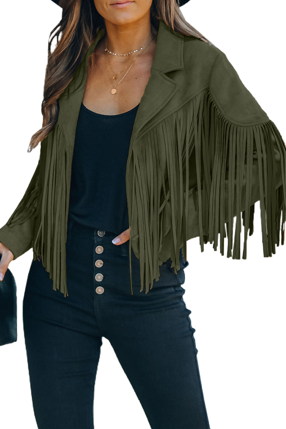 Gray Cropped Fringe Faux Suede Jacket