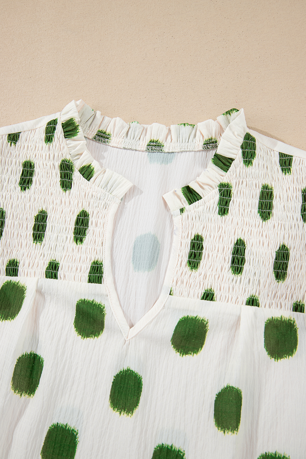 Black Polka Dot Print Shirred Yoke Notched Neck Balloon Sleeve Blouse