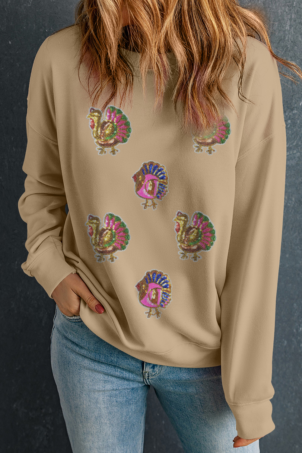Khaki Sequin Thanksgiving Turkey Graphic Baggy Sweatshirt