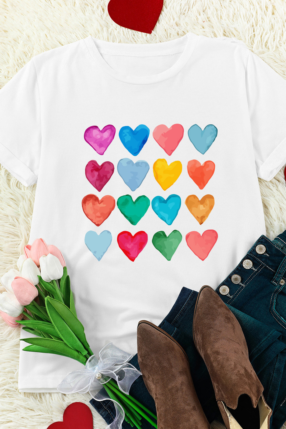 Red Leopard Striped Heart Shaped Print Crew Neck T Shirt