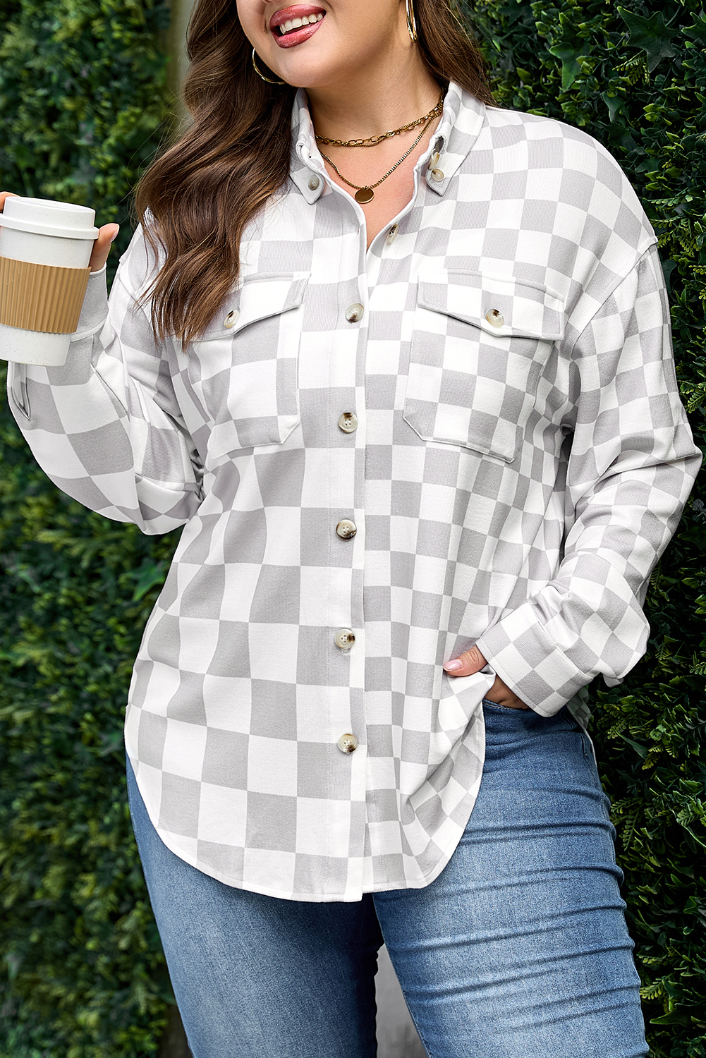 Khaki Checkerboard Flap Pocket Button Front Shacket
