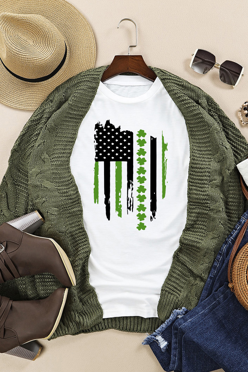 Black St. Patricks Lucky Clover Print O Neck T Shirt