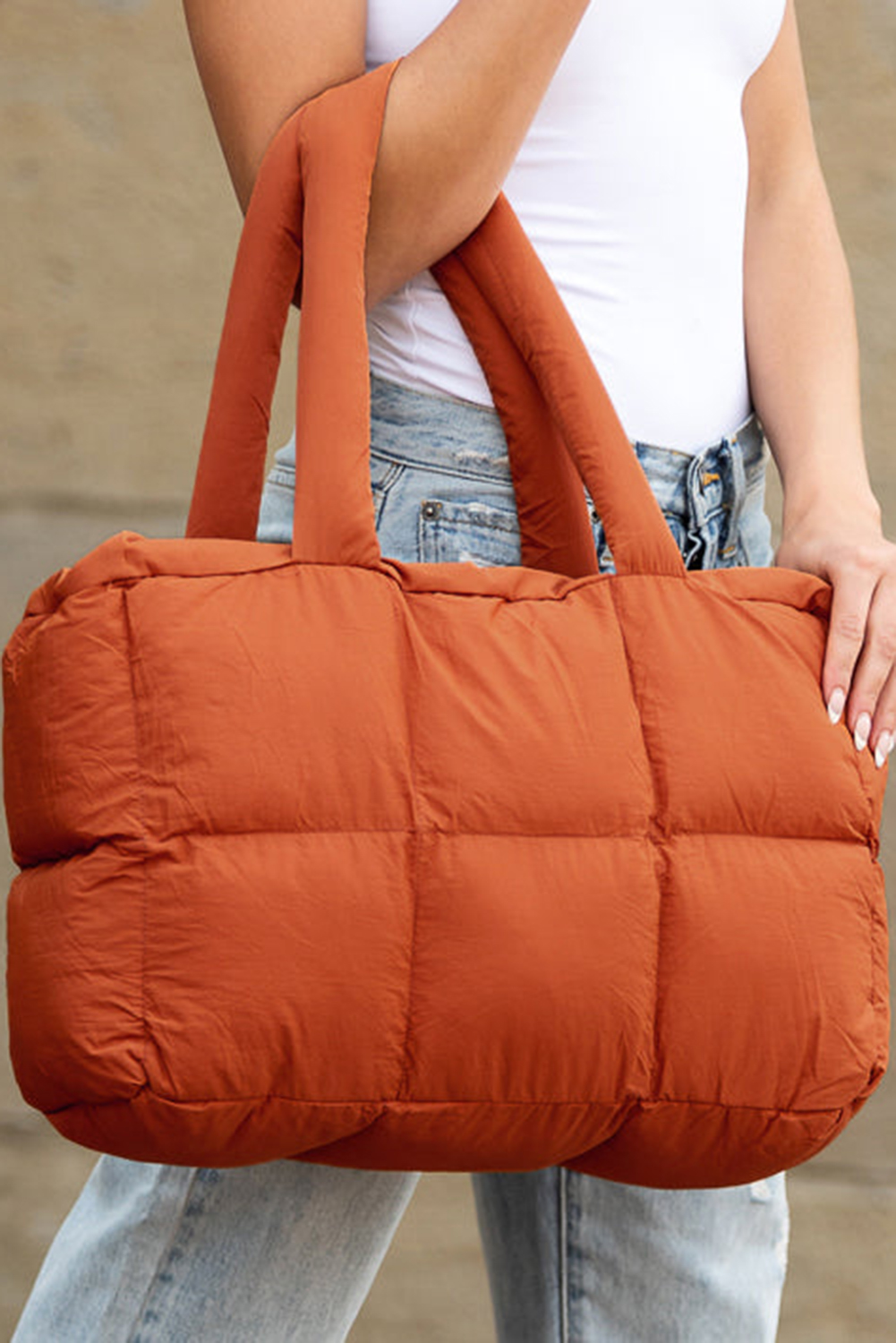 White Solid Quilted Puffy Zipped Large Tote Bag
