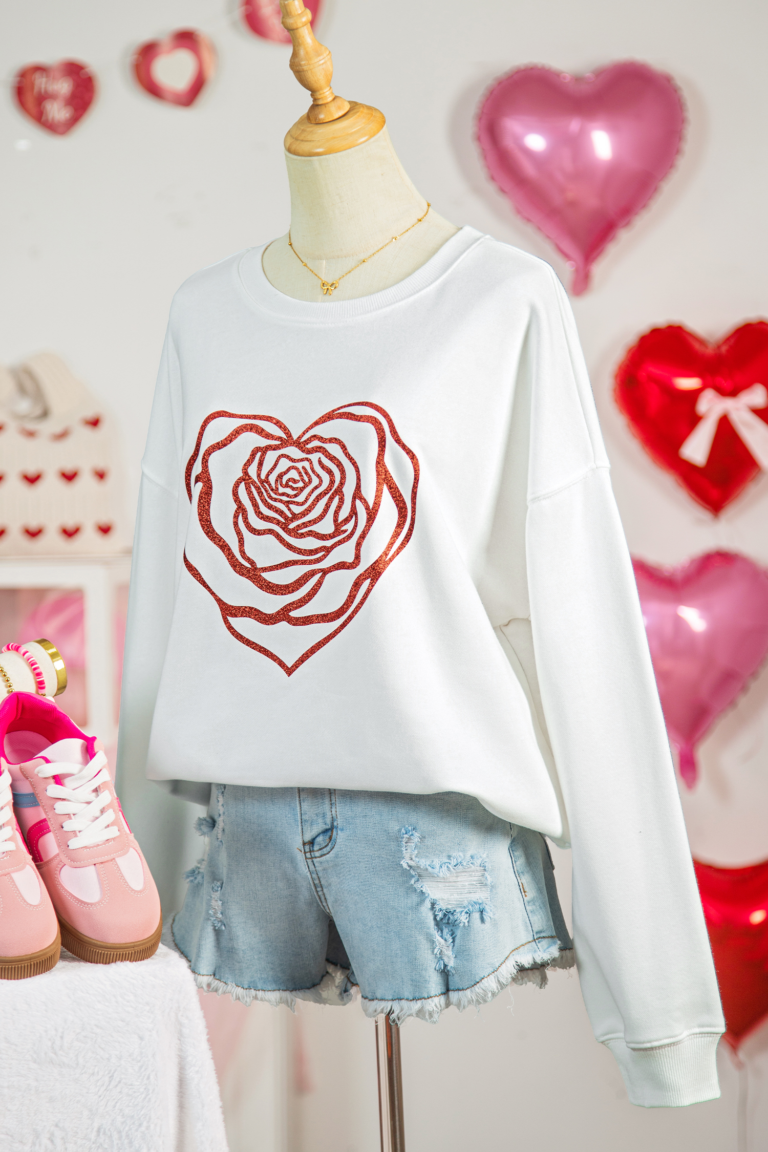 White Love Rose Shimmer Foil Printed Drop Shoulder Sweatshirt