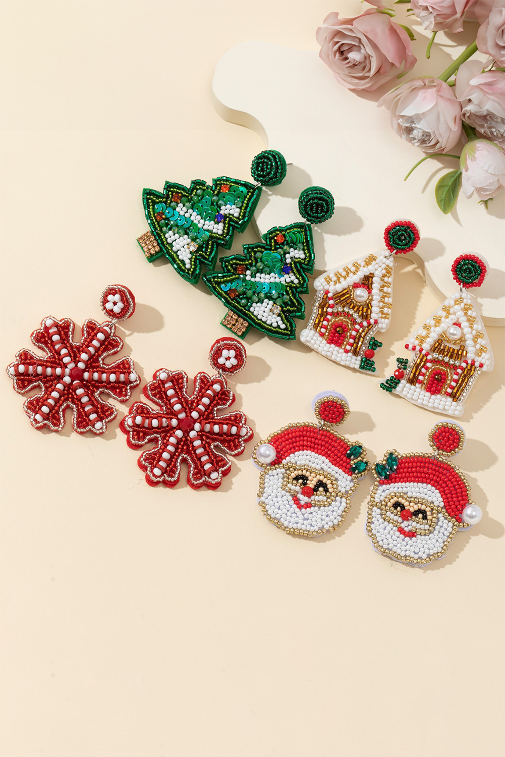 Gold Pearl Gemstone Embellished Beading Santa Claus Earrings