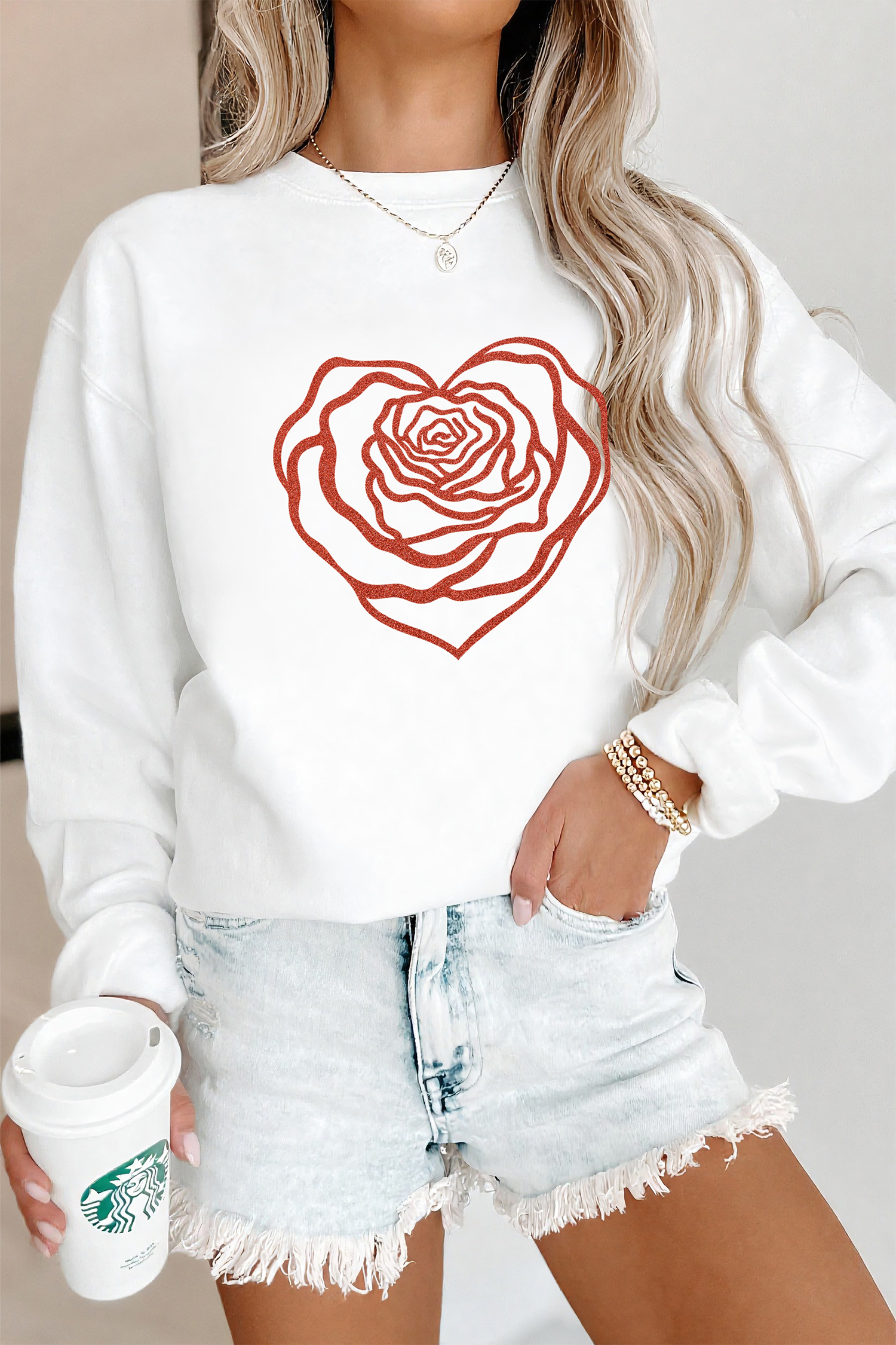 White Love Rose Shimmer Foil Printed Drop Shoulder Sweatshirt