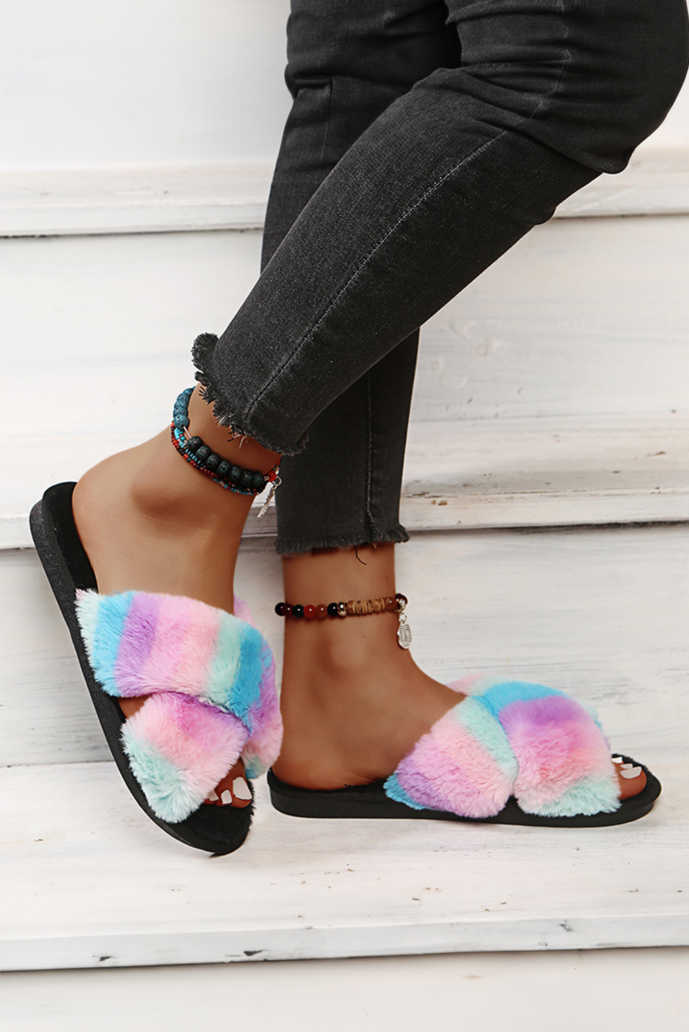 Pink Rainbow Striped Plush Cross Straps Slippers