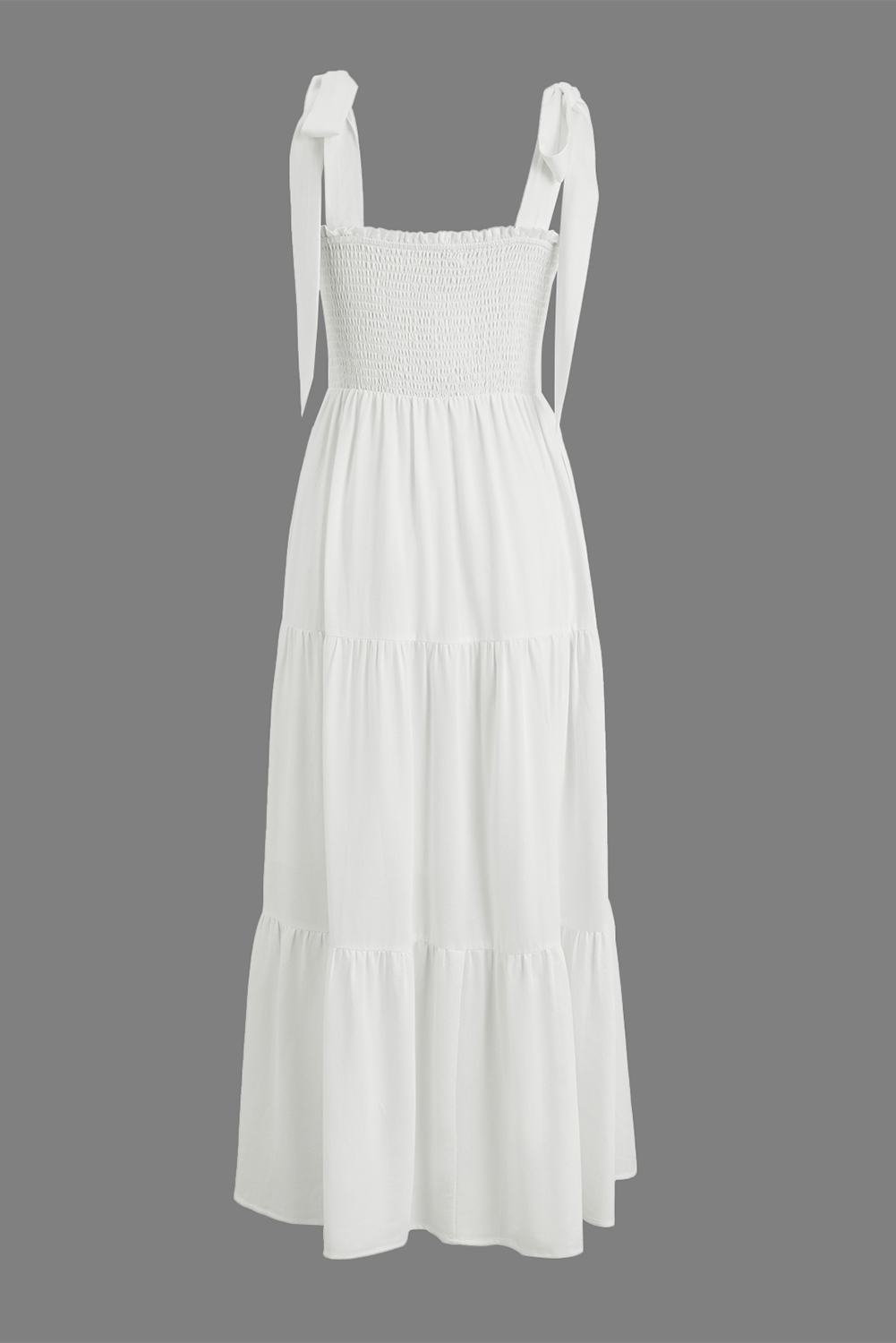 White Customizable Knot Straps Smocked Bodice Tiered Blank Maxi Dress