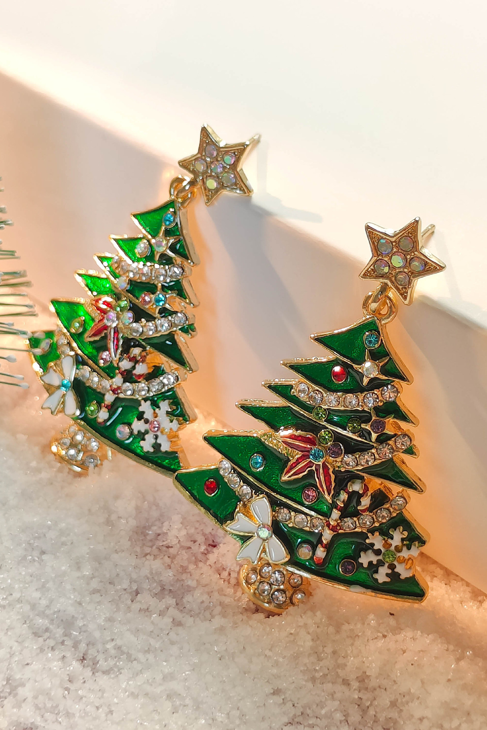Bright Green Rhinestone Embellished Star Christmas Tree Earrings