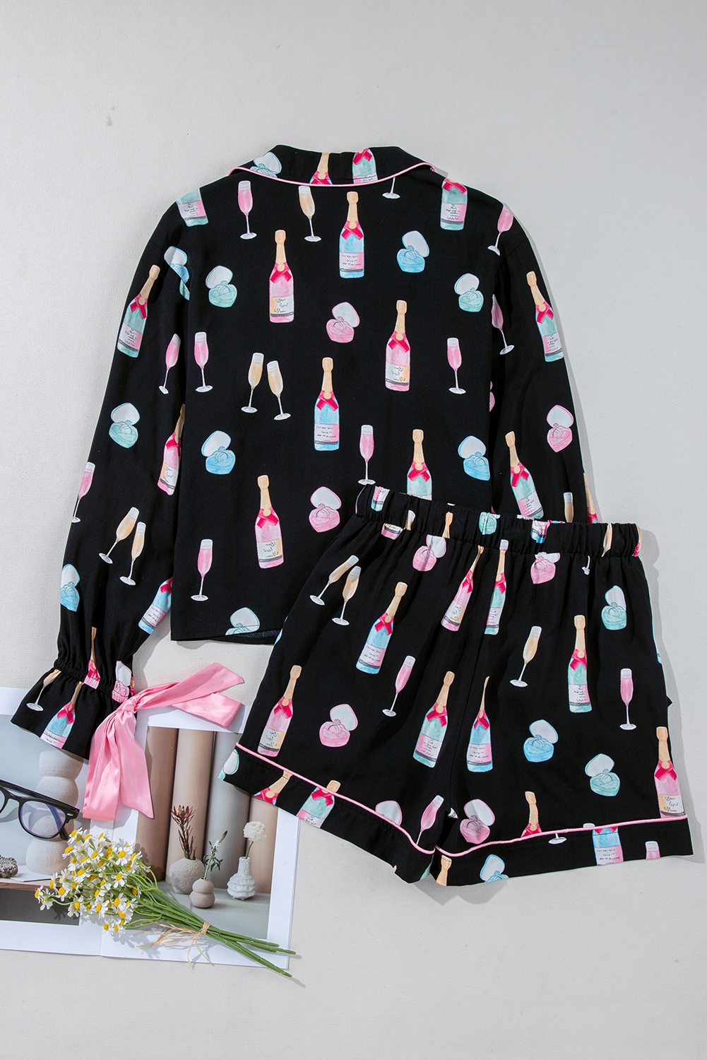 White Christmas Wine Glass Print Bow Knot Two Piece Pajama Set