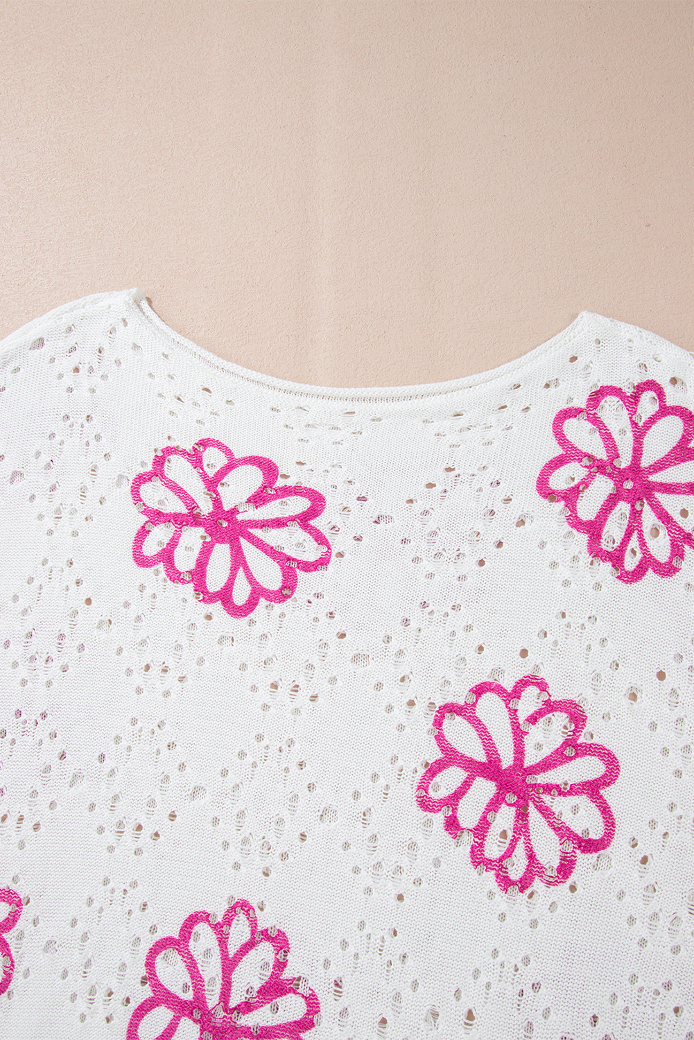 Beige Contrast Flower Print Eyelet Drop Shoulder Sweater