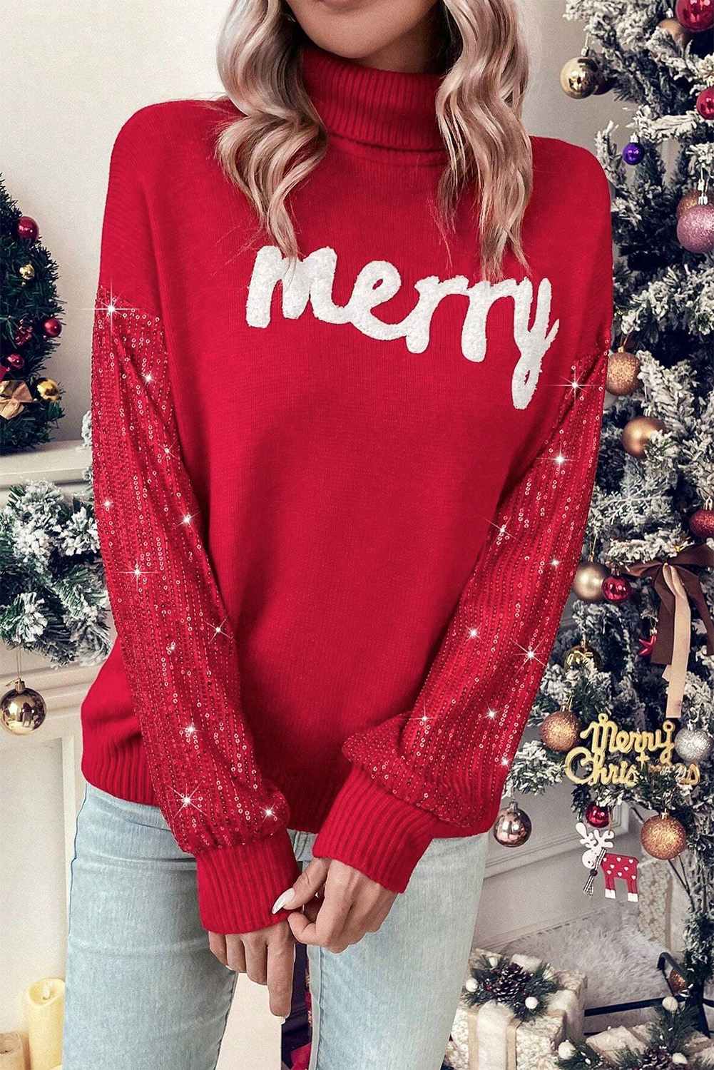 Fiery Red Merry Letter Embroidered High Neck Sweater