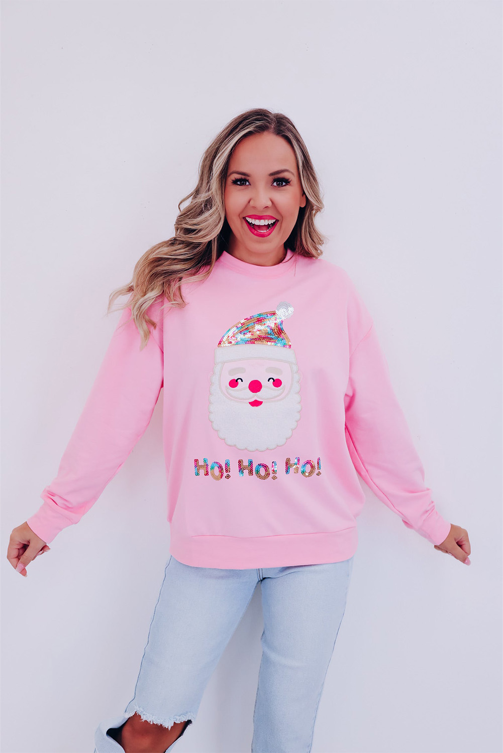 Fiery Red Santa Claus Sequin Graphic Sweatshirt