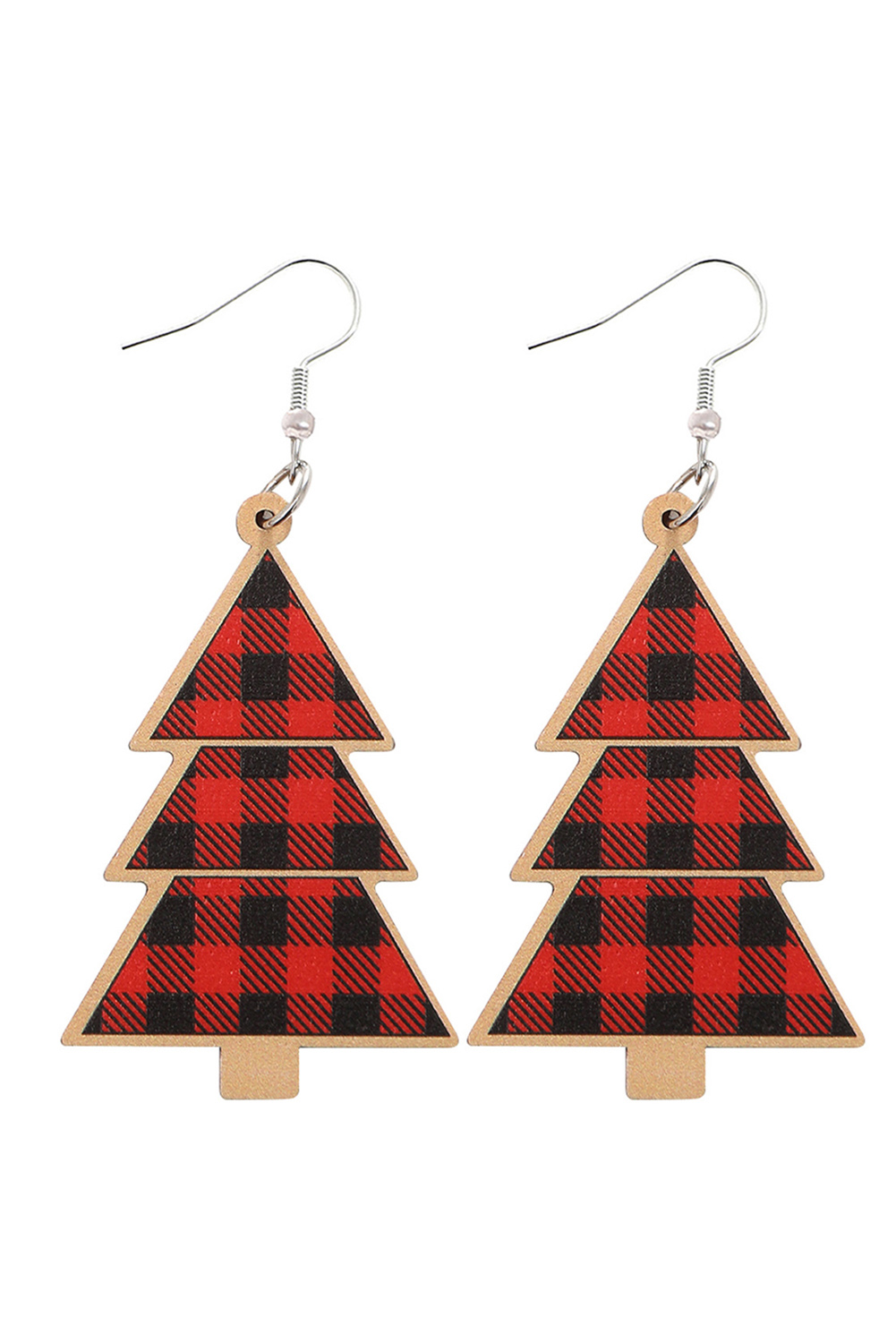 Red Shade Of Leopard Plaid Christmas Tree Earrings