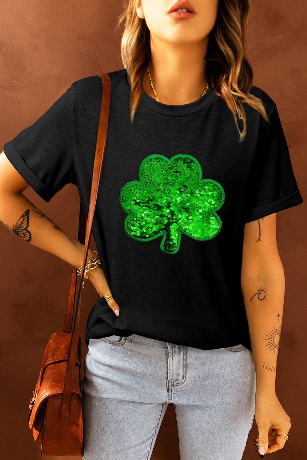 Black St. Patricks Lucky Clover Print O Neck T Shirt