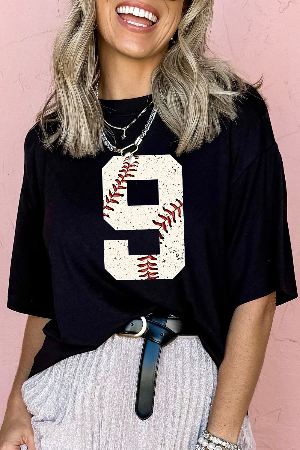 Black Number 9 Distressed Baseball Pattern Oversize Tee