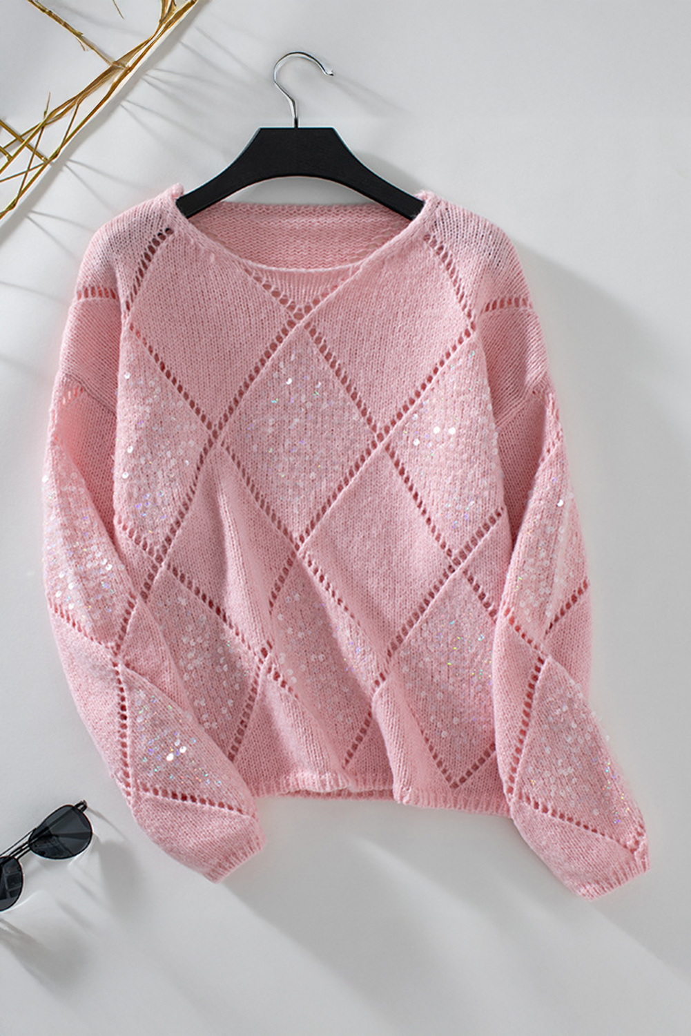 Dusk Blue Hollowed Rhombus Pattern Sequin Detail Round Neck Sweater