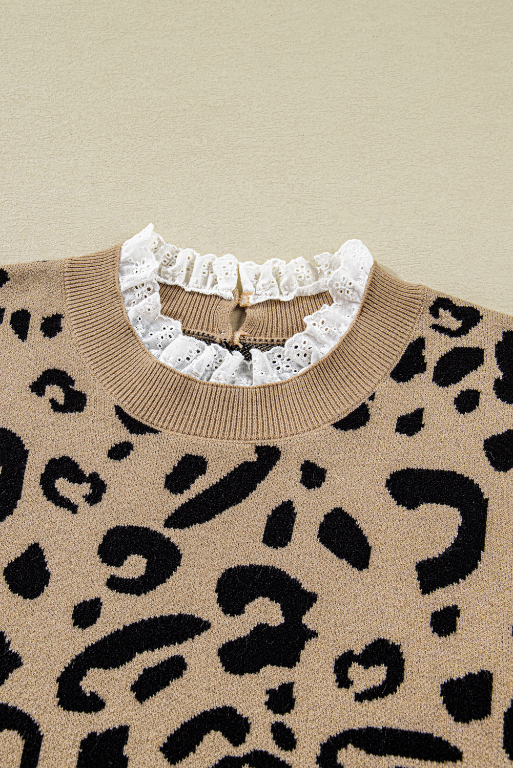 Dearlovers Brown Leopard Pattern Lace Ribbed Detail Button Cuffed Sweater