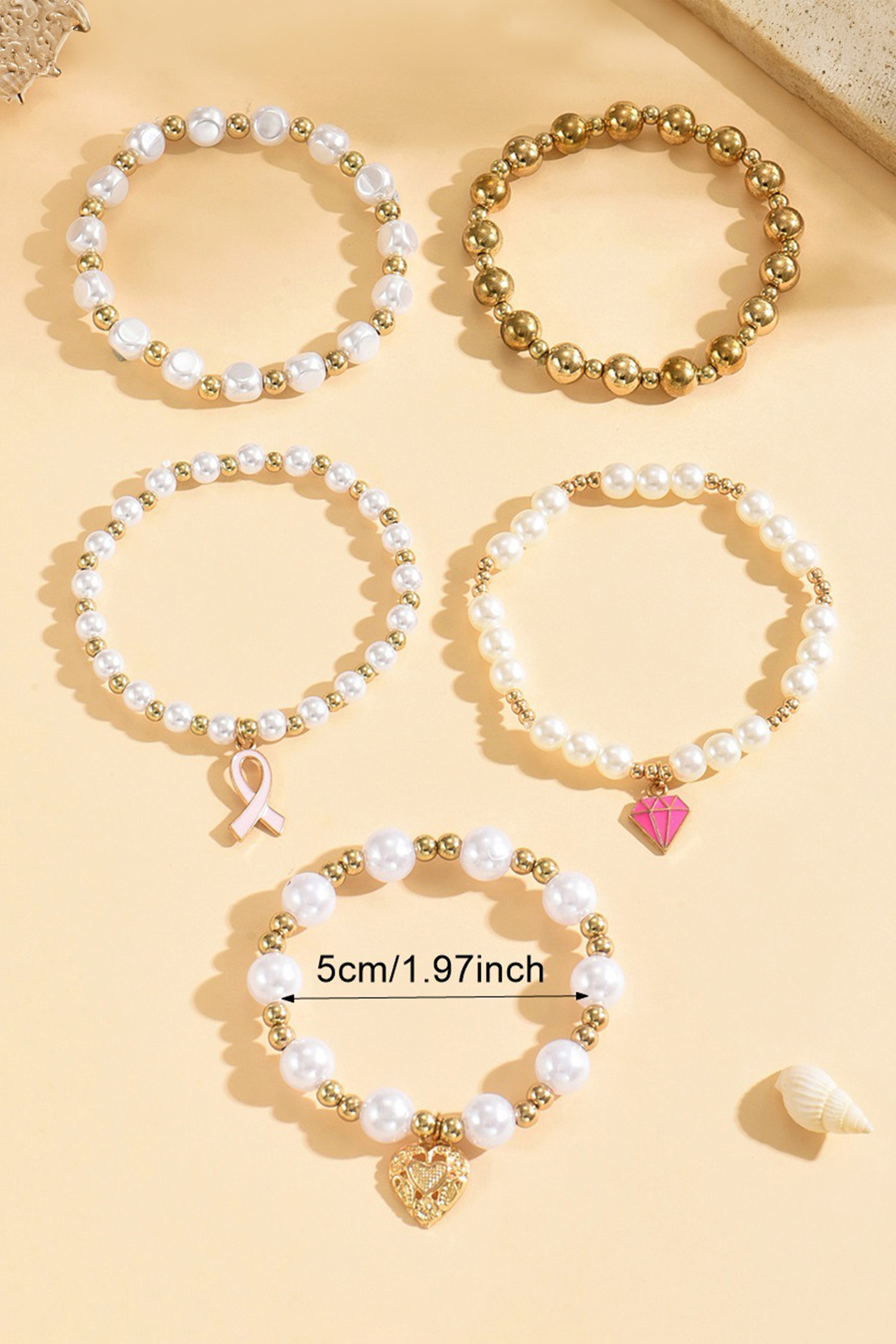 Gold Plated Pearl Beads 5pcs Valentines Day Bracelet Set
