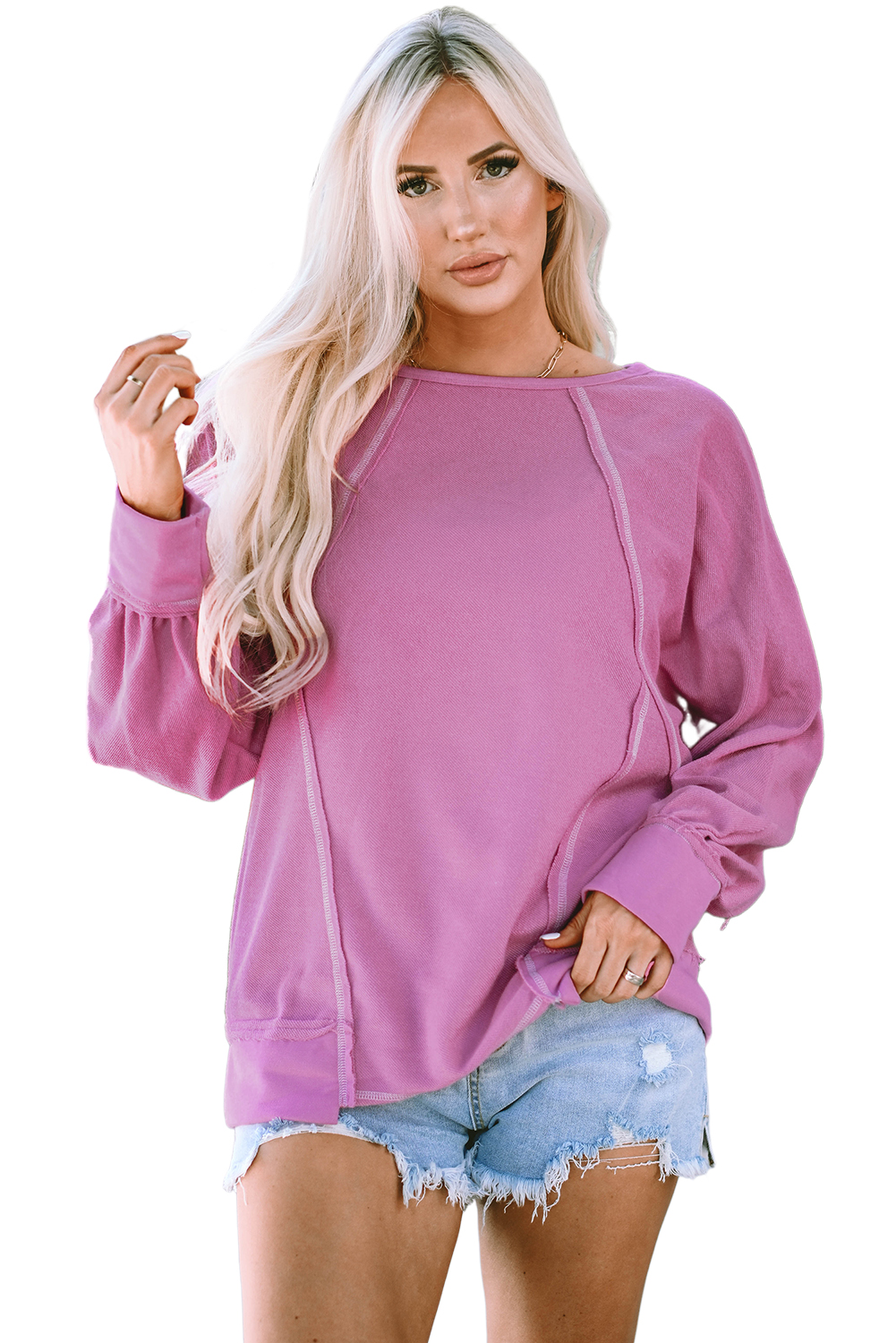 Pink Exposed Seam Round Neck Terry Pullover