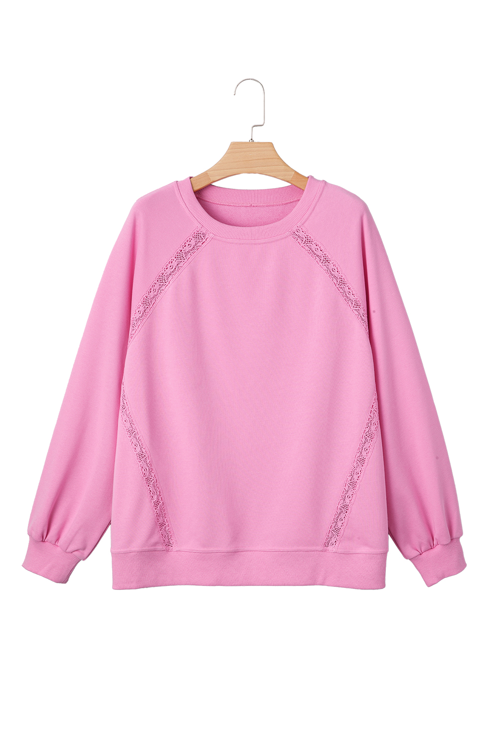 Bright Pink Lace Patched Raglan Sleeve Loose Fit Sweatshirt