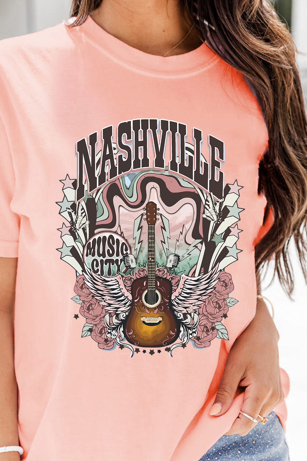 Pink NASHVILLE MUSIC CITY Guitar Graphic T Shirt