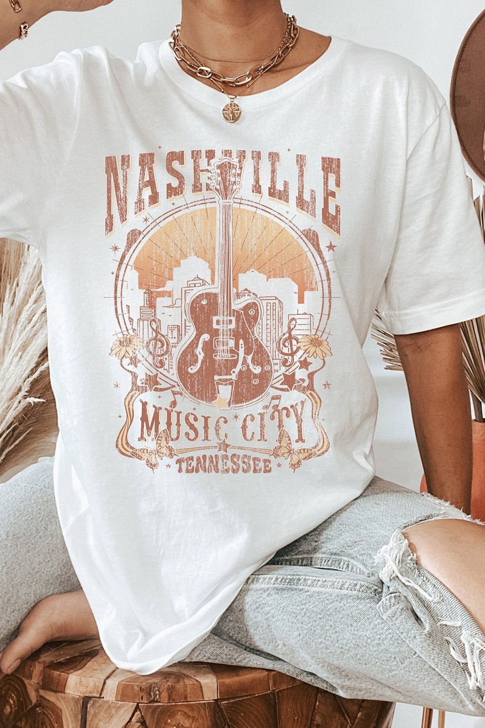Black Country Music Crazy Print Crew Neck T Shirt