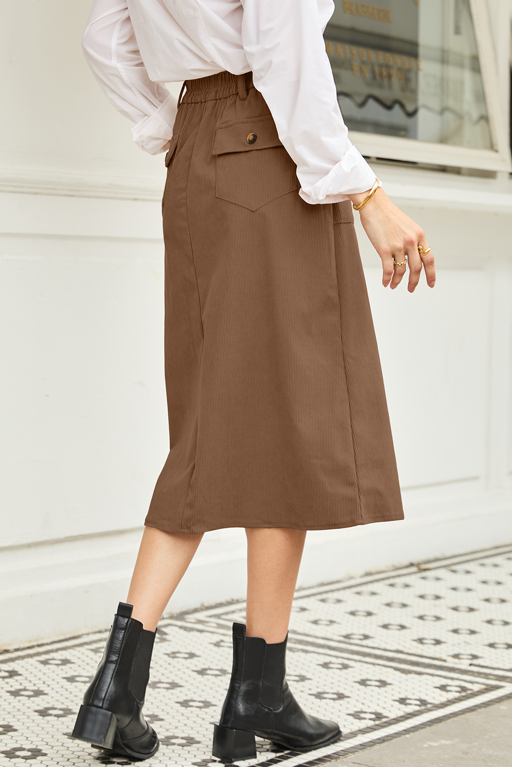 Coffee Front Slit Shift High Waist Midi Skirt