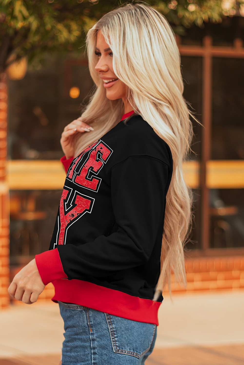 Black GAME DAY Letter Graphic Varsity Striped Detail Baggy Sweatshirt