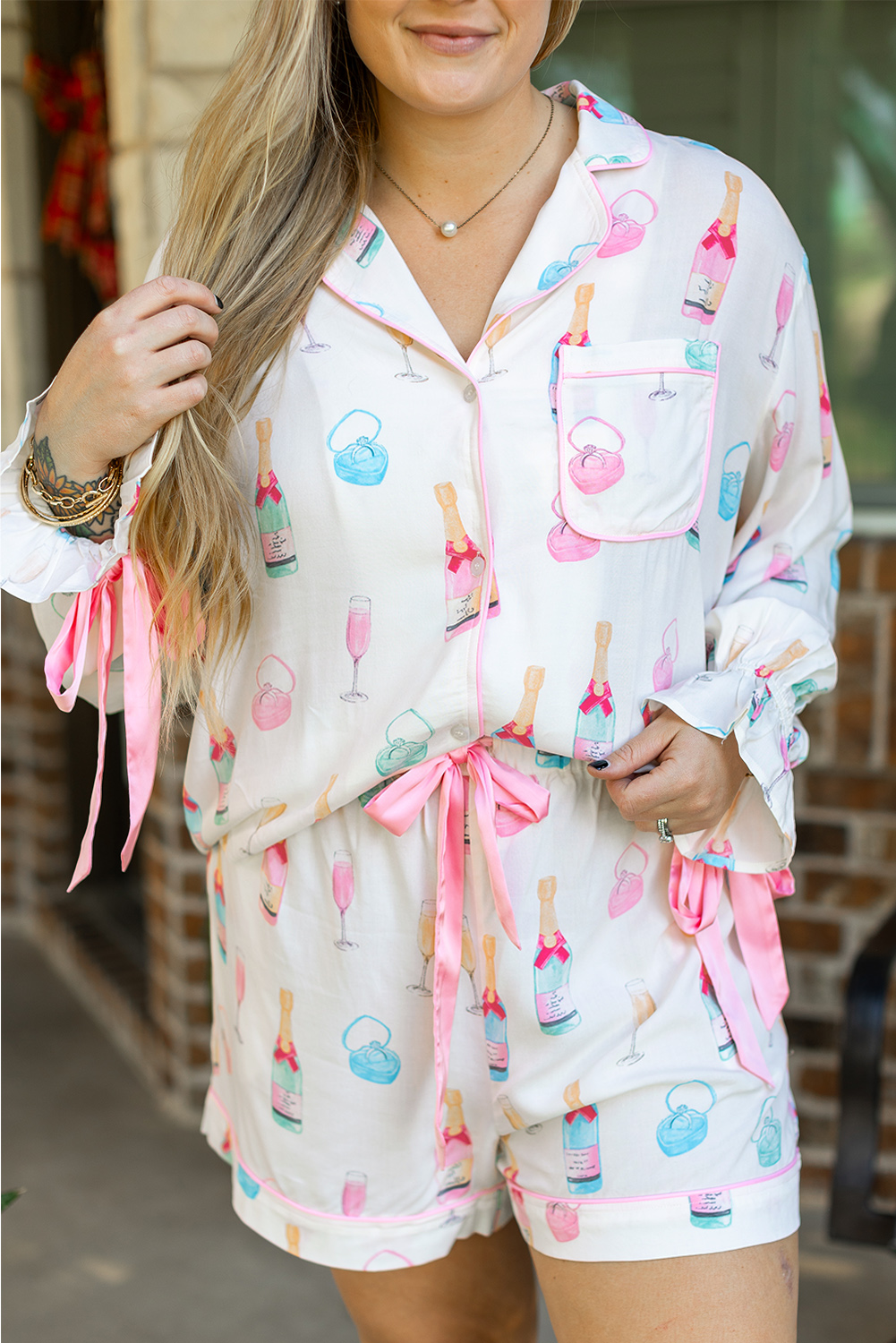 White Christmas Wine Glass Print Bow Knot Two Piece Pajama Set