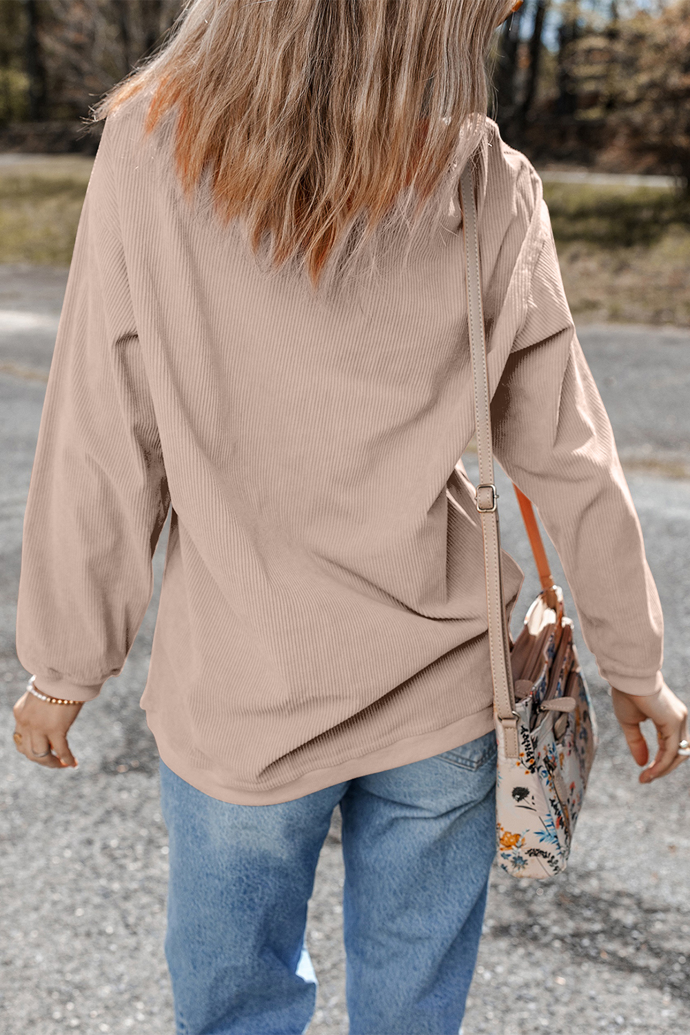 Apricot Twisted Ribbed Texture Checkered GOBBLE Bow Print Baggy Sweatshirt