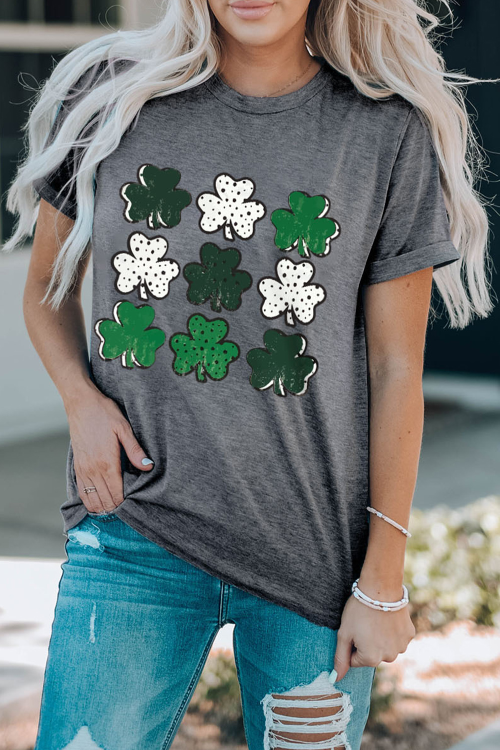 Black St. Patricks Lucky Clover Print O Neck T Shirt