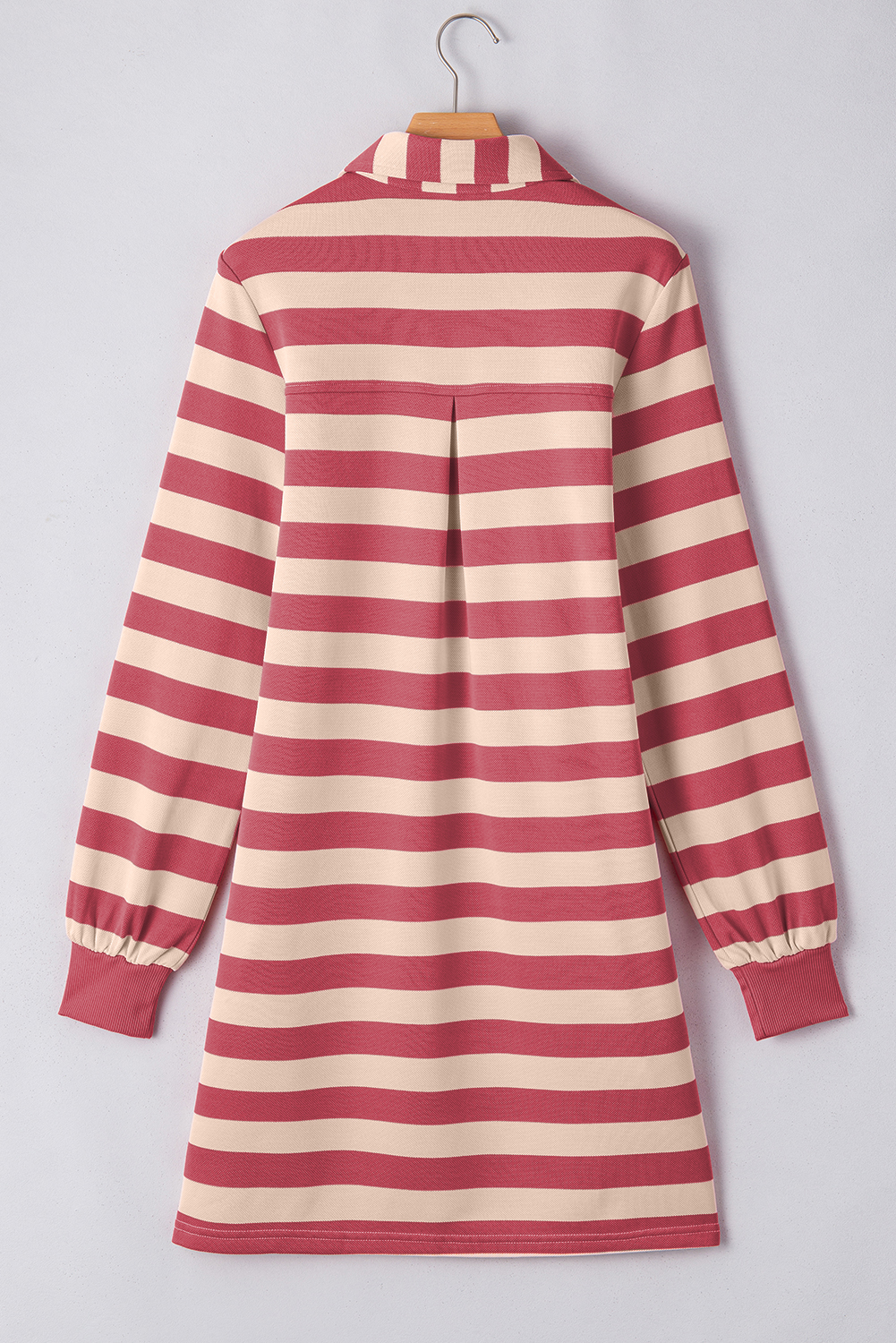 Khaki Stripe Collared V Neck Long Sleeve Loose Casual Dress