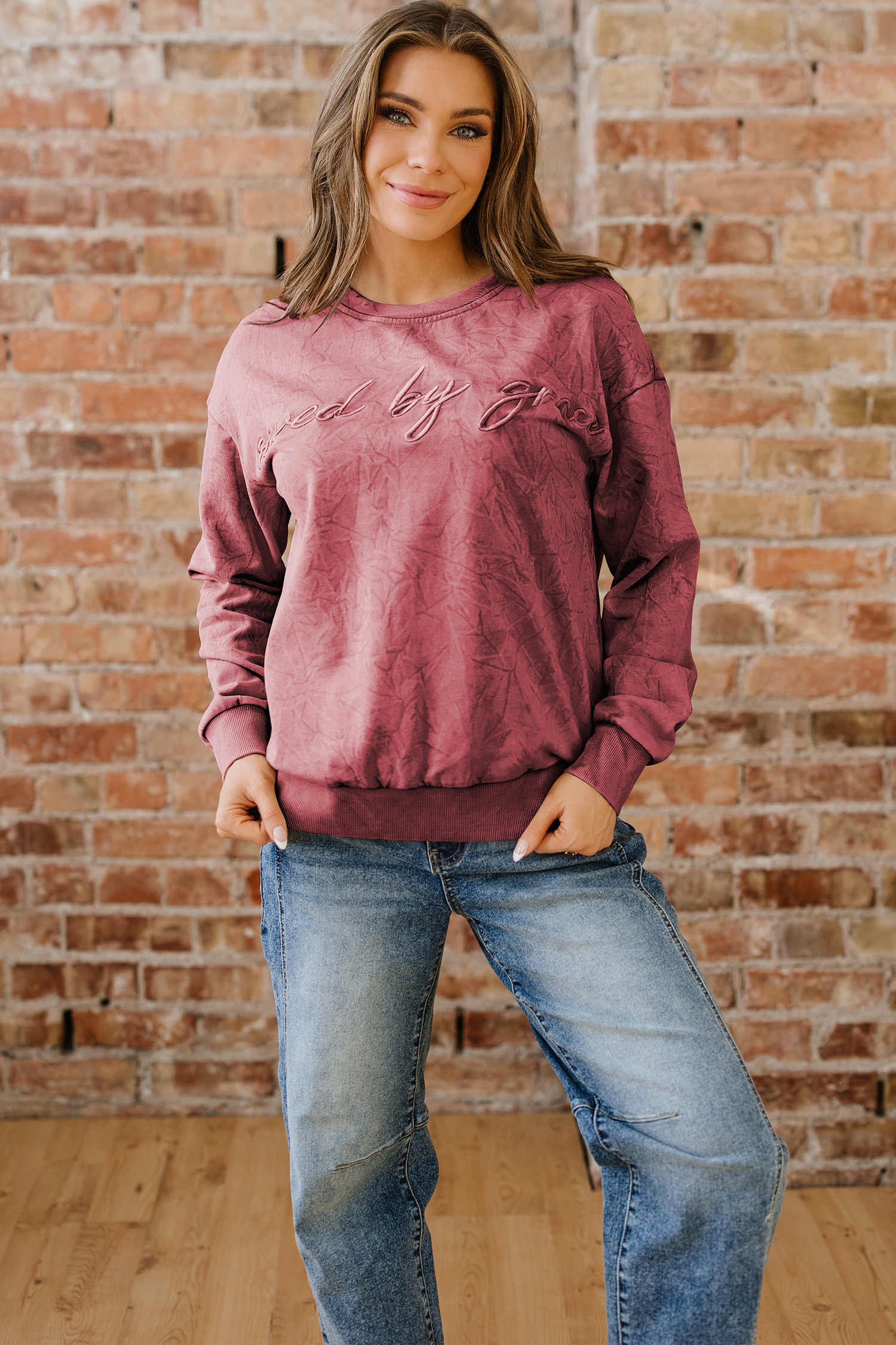DUNE saved by grace Letter Embroidery Mineral Wash Loose Sweatshirt